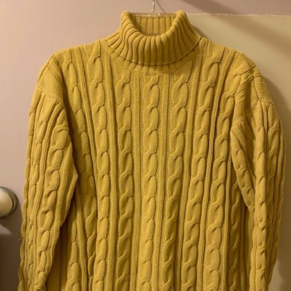 Buttery Yellow Marc O'Polo Braided Cableknit Turtleneck Sweater, Size L, Cotton